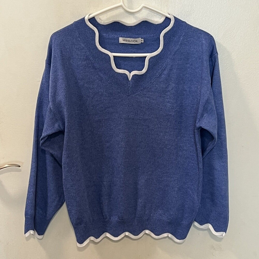 MISSLOOK Womens Blue Knitted Wool Pullover Sweater Scallop Hem Size Medium